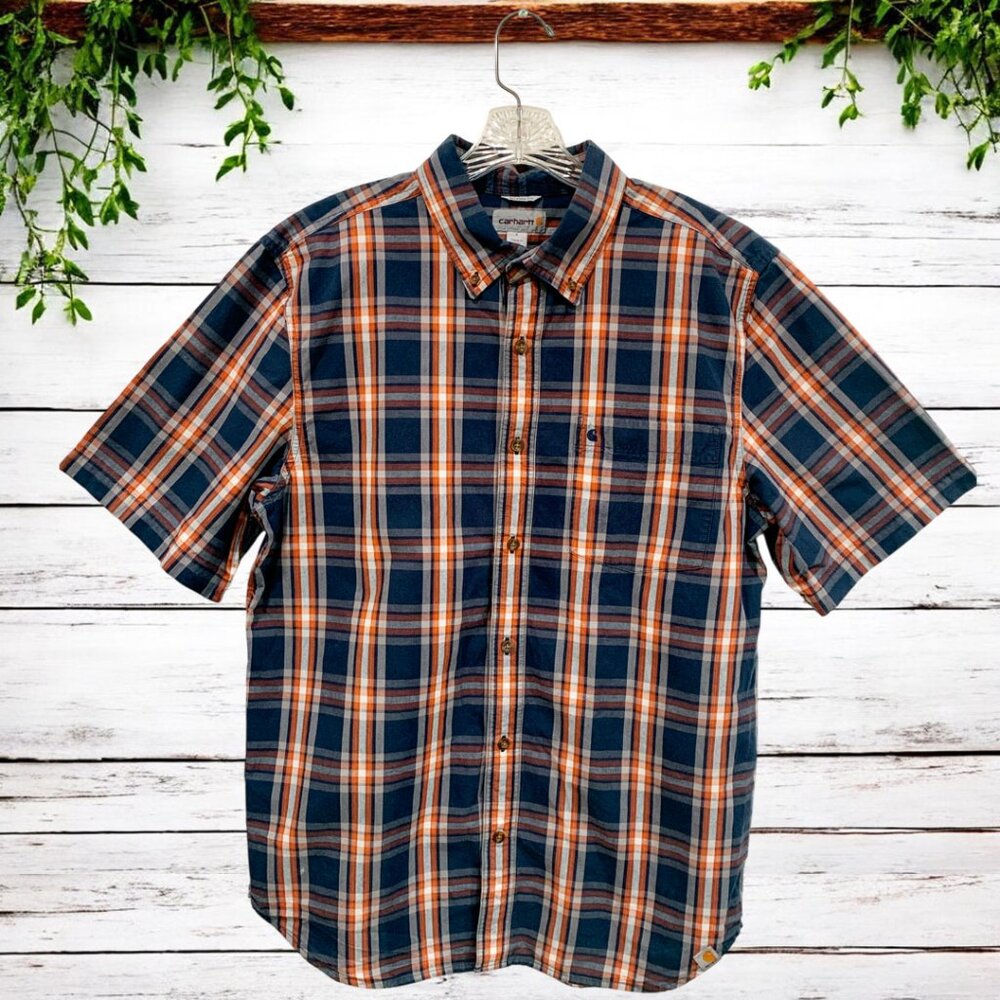 Carhartt Shirt Men's Large Blue Plaid Casual Short Sleeve Button Up Work Western